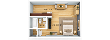 A top-down view of a bedroom with a bed, a couch, a coffee table, and a toilet.