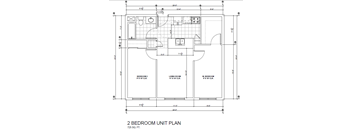 A black and white 2 bedroom unit plan with dimensions.