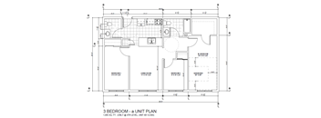 A floor plan of a 3 bedroom apartment with a living room and a kitchen.