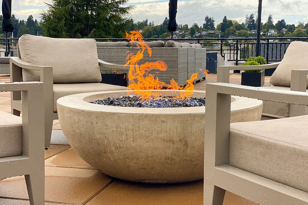 Rooftop firebowls are the perfect place to gather at Harbor Heights 55+ Community, Olympia, Washington