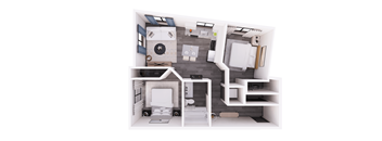 a stylized floor plan with a bedroom and a living room