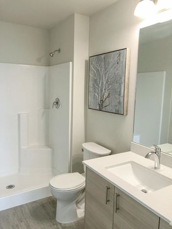 Bathroom with Walk-In Shower at Harbor Heights 55+ Community, Washington, 98501