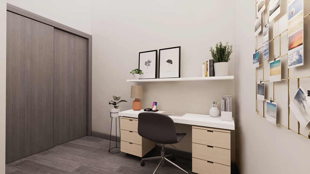 a home office with a desk and a chair