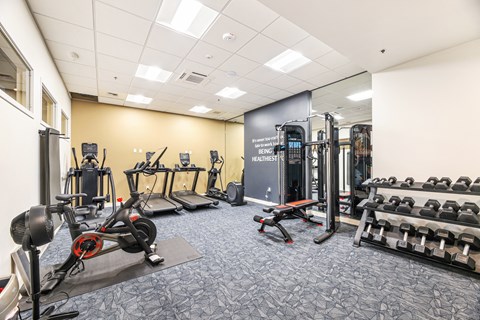 a gym with weights and cardio equipment in a building with white ceilings