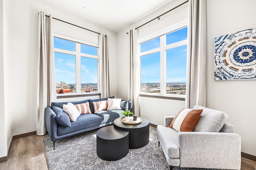 a living room with two couches and two windows