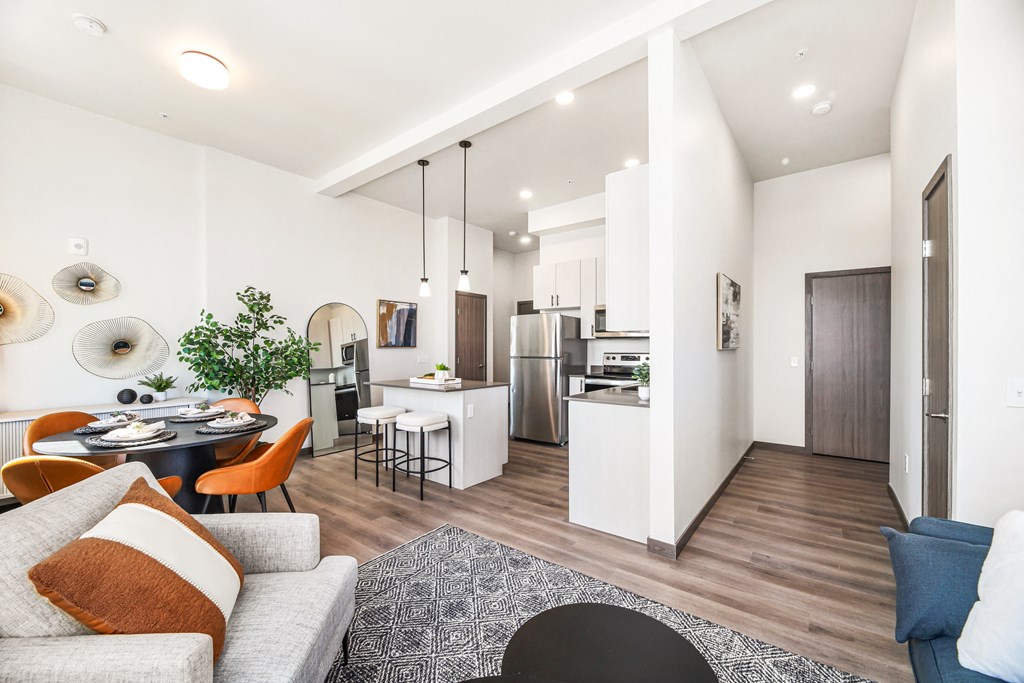 a living room with a couch and a table