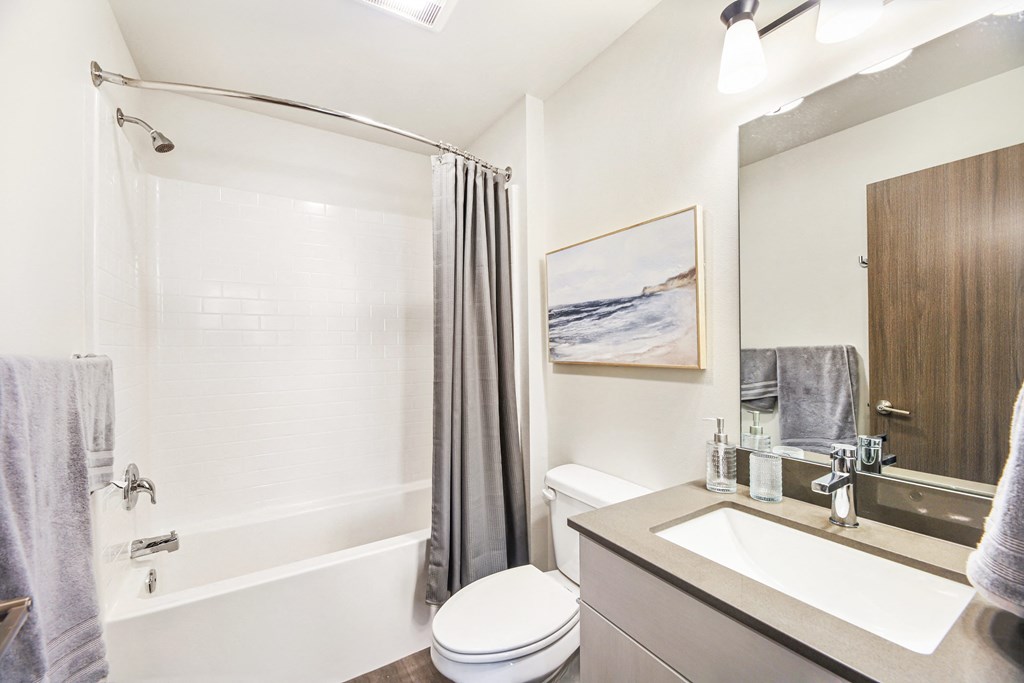 a bathroom with a shower and a sink and a toilet