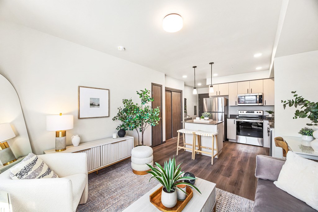 a living room with a couch and a table