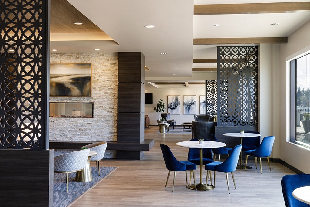 Fireplace Lounge Closeup at Harbor Heights 55+ Community, Olympia, WA, 98501