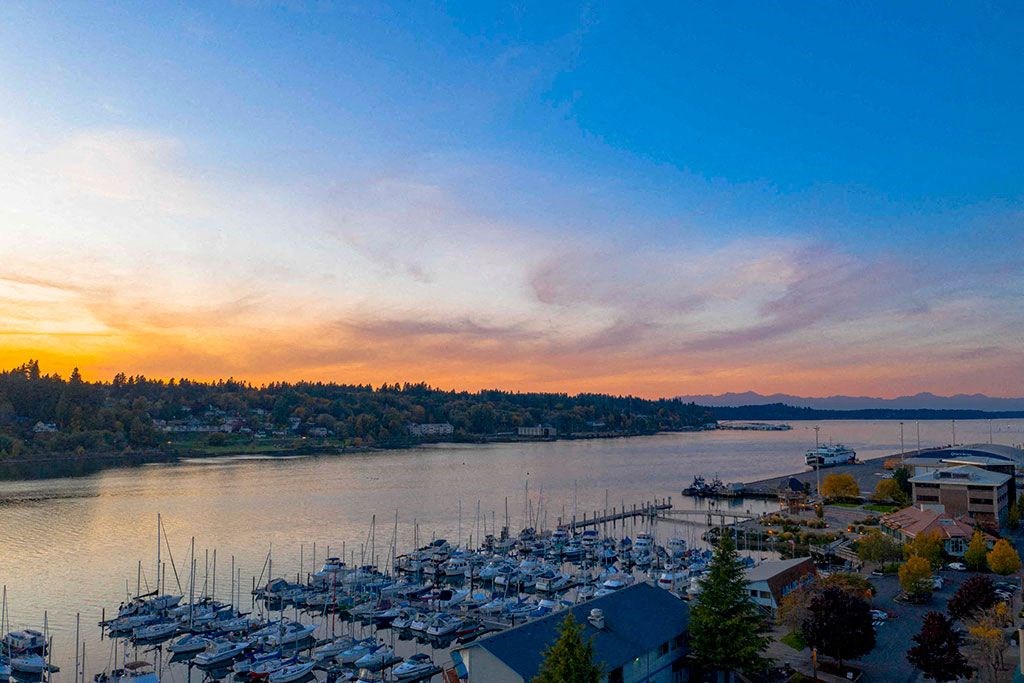 Enjoy sweeping views from the rooftop patio at Harbor Heights 55+ Community, Olympia, WA