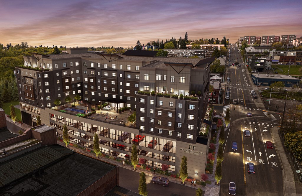 an aerial rendering of a building with a street in front of it