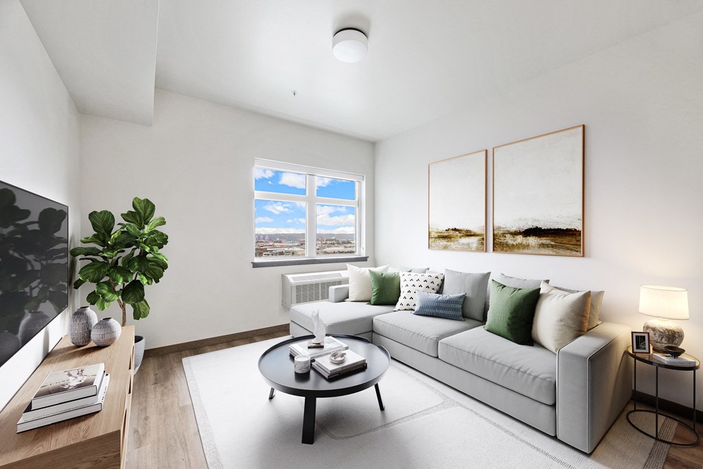 a living room with a couch and a coffee table