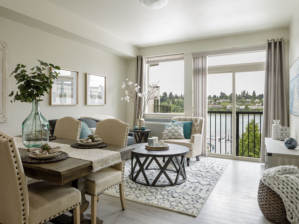 Neutral Colors Living Room With View at Harbor Heights 55+ Community, Olympia, Washington
