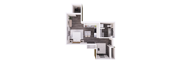 A white and grey floor plan of a house with a kitchen, living room, and bathroom.