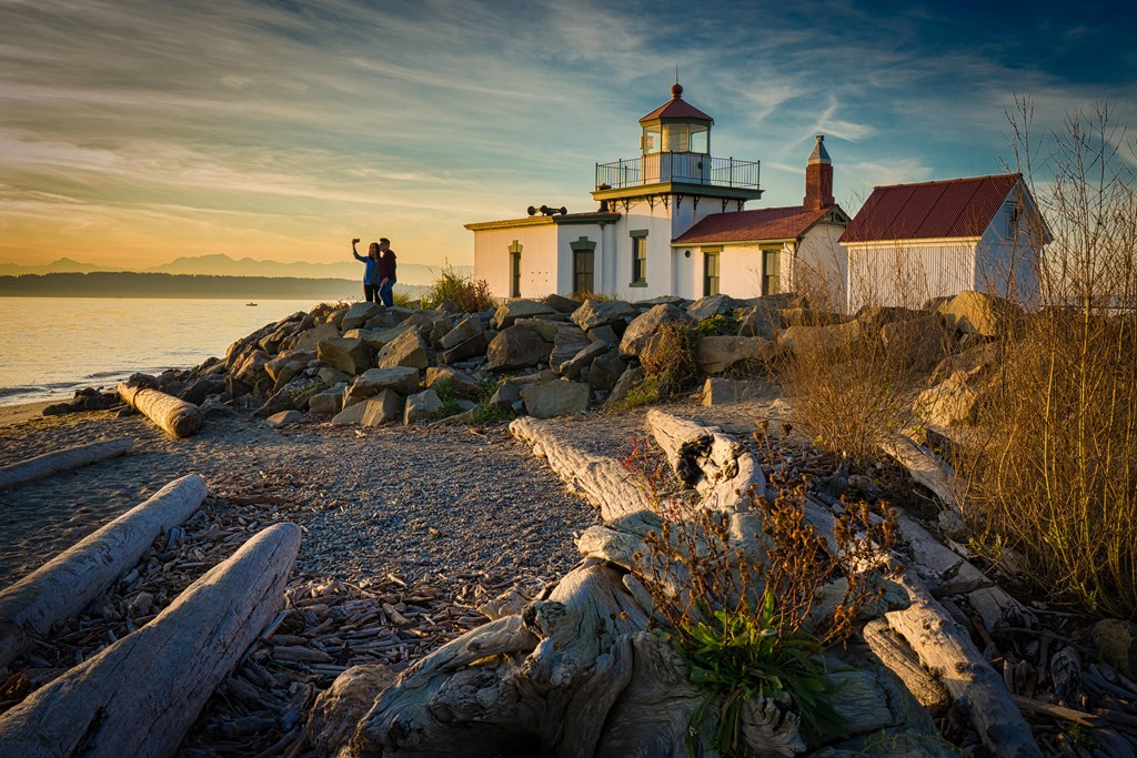 West Point Lighthouse by sandy shoreline  at Jefferson Flats, Tacoma, 98402