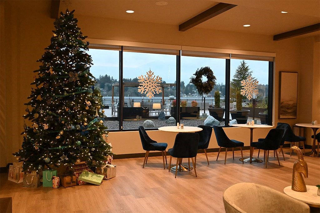 lobby area holiday decorations  at Harbor Heights 55+ Community, Washington, 98501