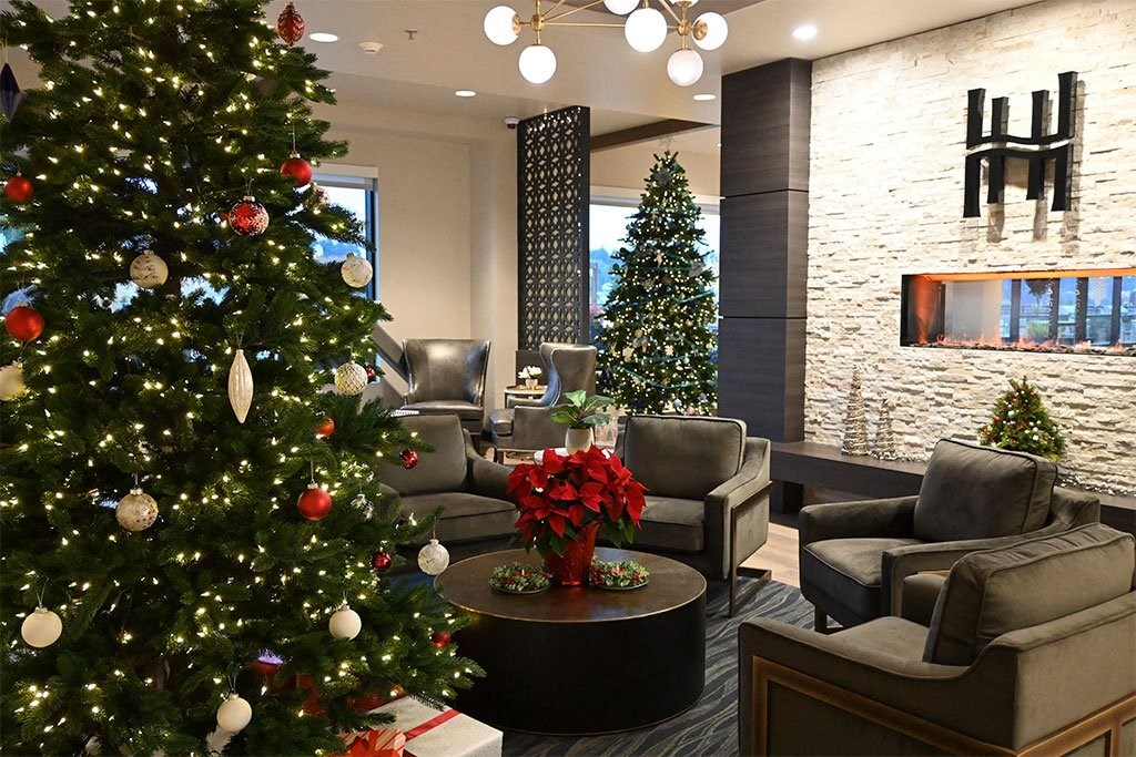 holiday trees lobby at Harbor Heights 55+ Community, Olympia, WA 98501