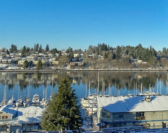 water view with snow at Harbor Heights 55+ Community, Olympia, 98501