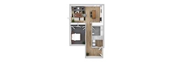 a stylized floor plan with a bedroom and a living room