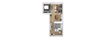 a floor plan of a bedroom with a bathroom and a living room