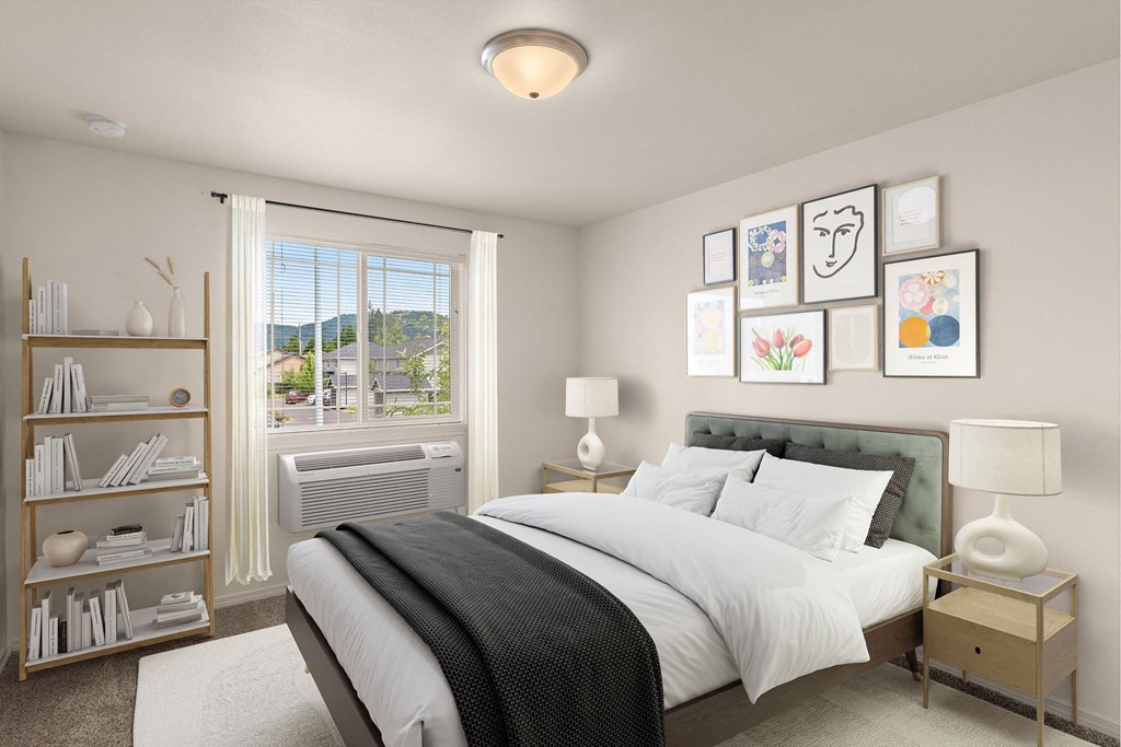 a bedroom with a large bed and a window at Trillium Apartments, Springfield, OR, 97477