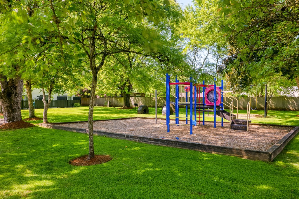 a playground in the middle of a grassy area with trees