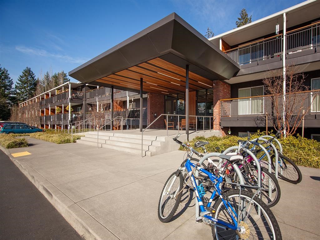 a row of bikes parked in front of a building