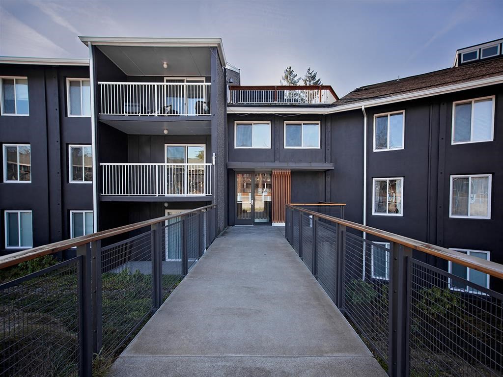 a view of the entrance to a building with a concrete walkway