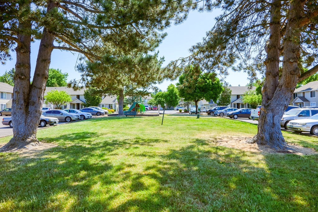 a grassy area with trees in the foreground and houses in the background