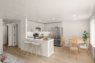 a kitchen and living room at the lark apartments