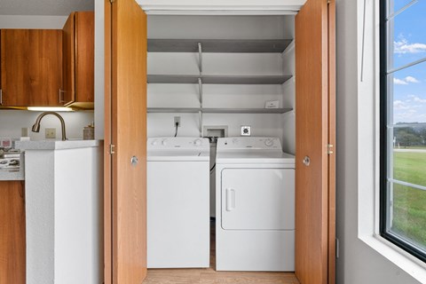A small kitchen with a washer and dryer in it.