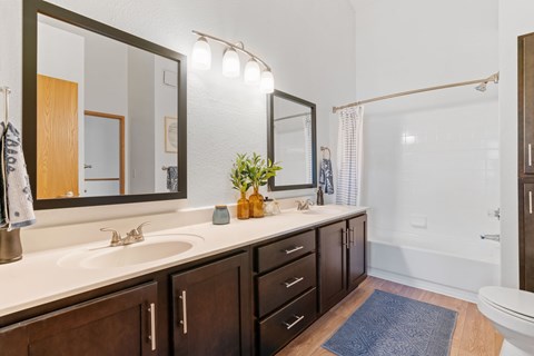 A bathroom with a sink, mirror, and a blue rug.
