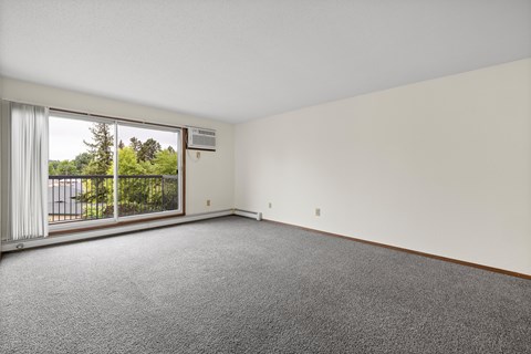 A room with a carpeted floor and a sliding glass door leading to a balcony.