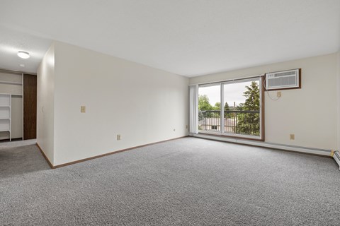 A spacious room with a grey carpet and a sliding glass door leading to a balcony.