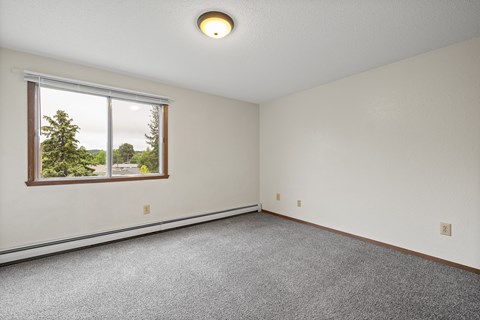 A room with a window and a carpeted floor.