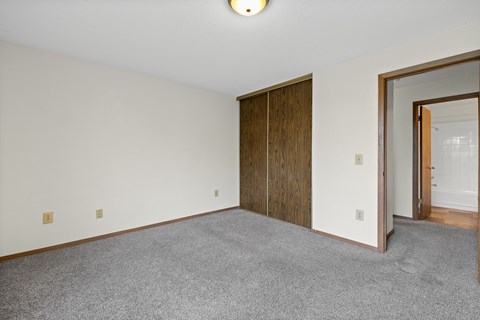 A room with a grey carpet and a wooden door.