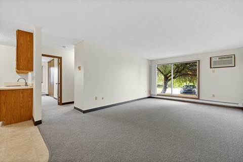 A spacious living room with a grey carpet and a window overlooking a tree.