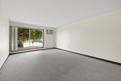 A room with a grey carpet and a white wall.