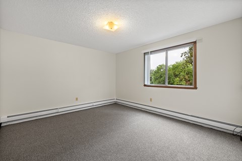 A room with a window and a grey carpet.