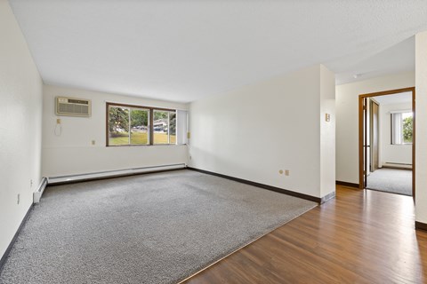 A room with a grey carpet and wooden flooring.