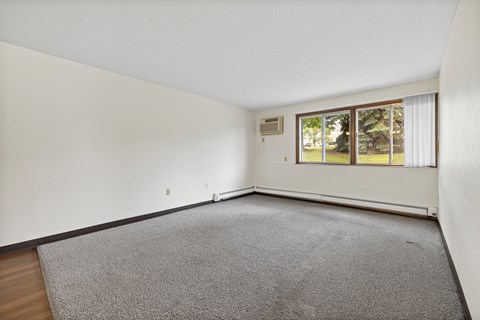 A room with a carpeted floor and a window with blinds.