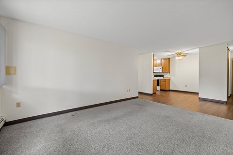 A room with a grey carpet and white walls.