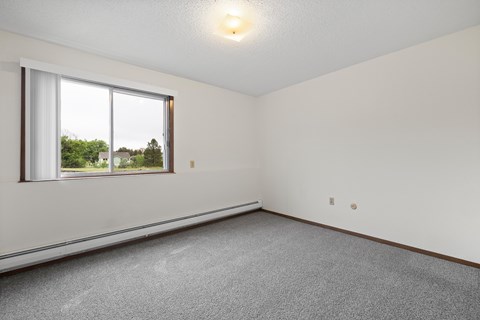 A room with a carpeted floor and a window overlooking trees.