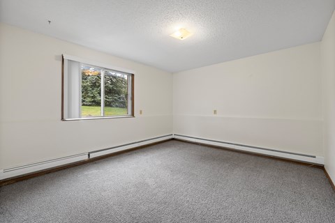 A room with a carpeted floor and a window.
