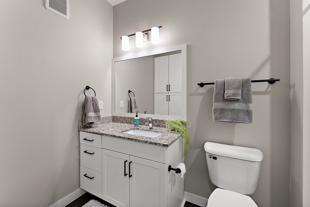 A bathroom with a white toilet and a white sink with a mirror above it.