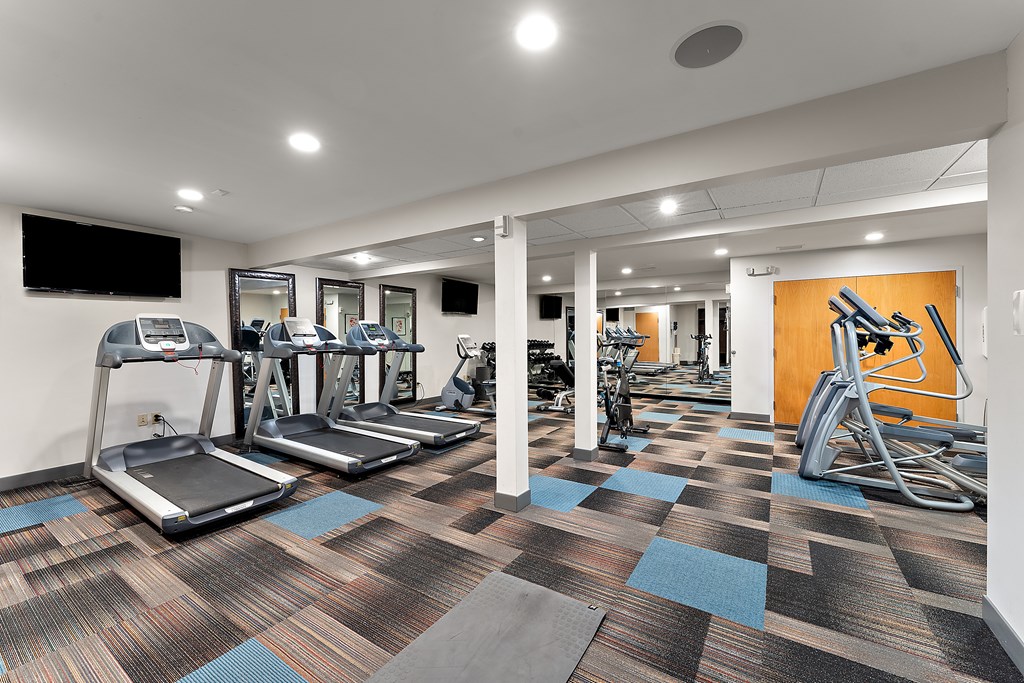 A gym with treadmills, exercise bikes and other equipment.