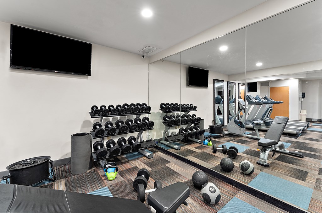 A well-equipped gym with a variety of exercise equipment.