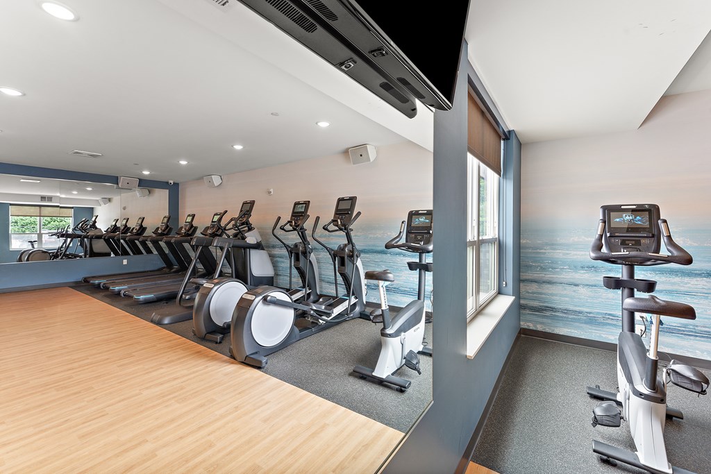 A gym with treadmills and elliptical machines.