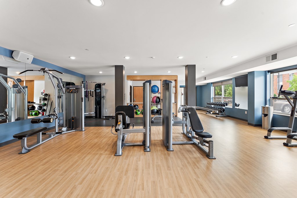 A gym with a variety of equipment including weights and cardio machines.