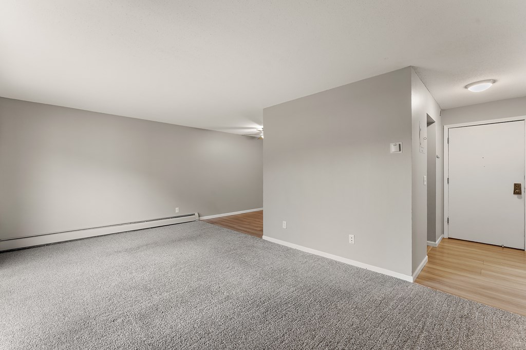 A room with a carpeted floor and a white door.
